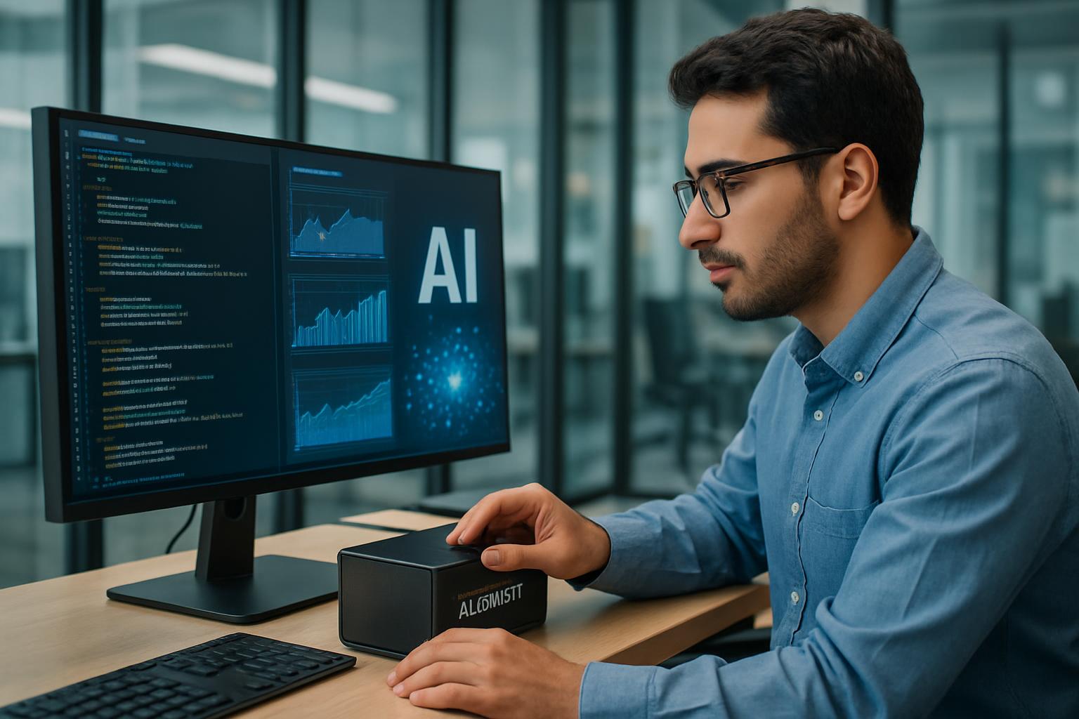 Ingeniero de inteligencia artificial ajustando un sistema de soporte AI, oficina moderna, monitor de computadora con código y