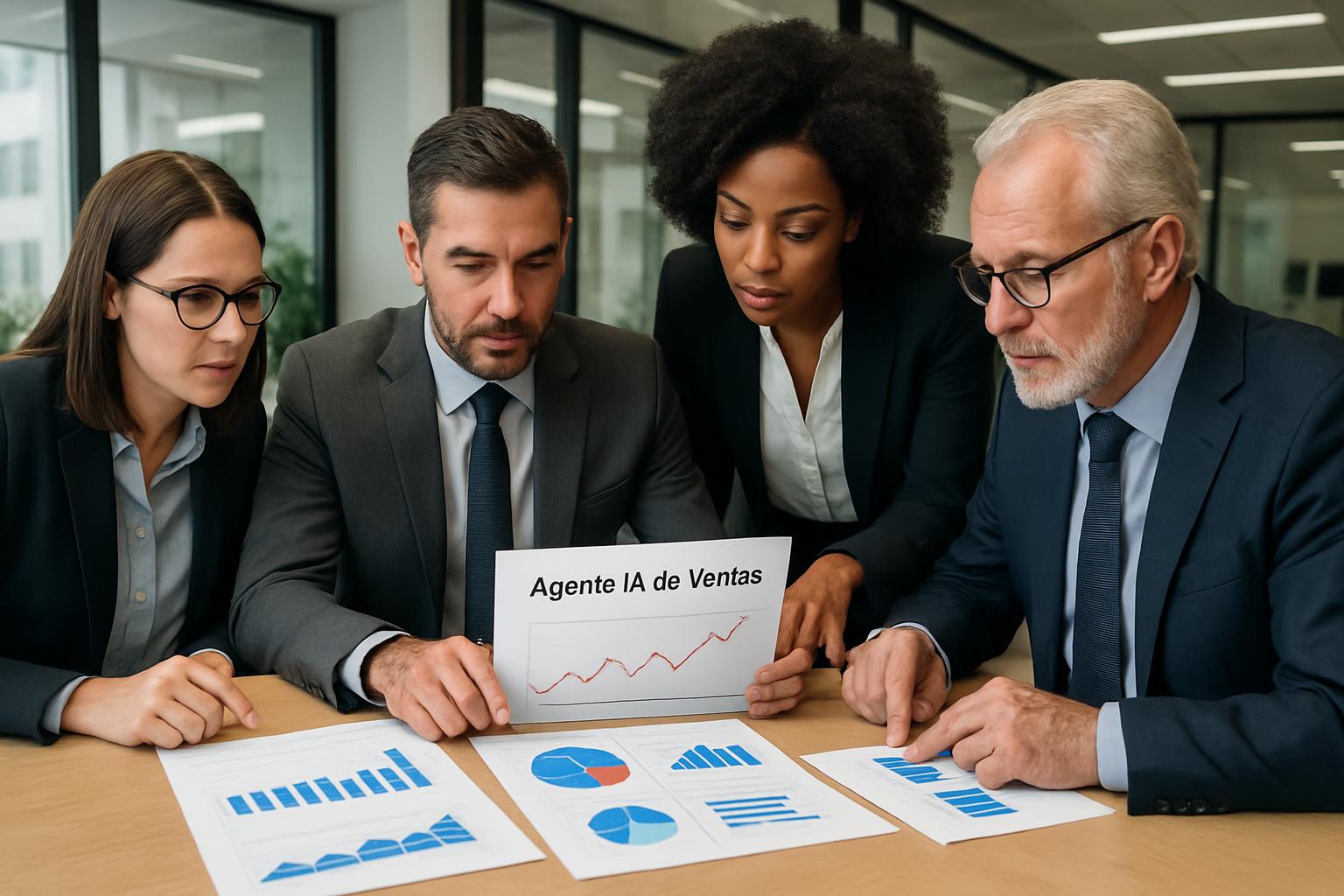 Business team analyzing Agente IA de Ventas results with data charts and graphs in a corporate office, photorealistic