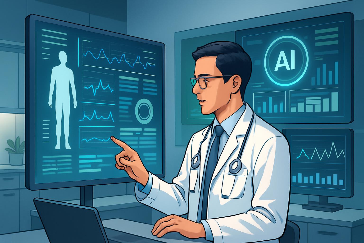 ilustración de un profesional de la salud utilizando una interfaz avanzada de diagnóstico asistida por IA, mostrando gráficos ilustración de un profesional de la salud utilizando una interfaz avanzada de diagnóstico asistida por IA, mostrando gráficos