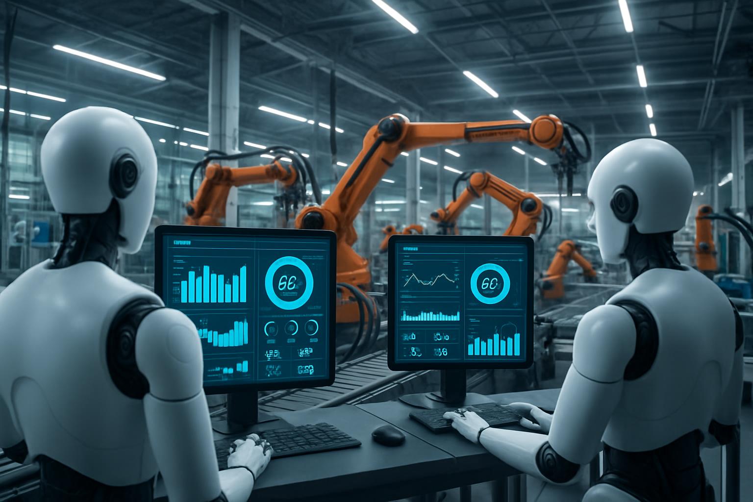 imagen de una planta de manufactura moderna con sistemas automatizados y agentes IA supervisando el proceso de producción, mo imagen de una planta de manufactura moderna con sistemas automatizados y agentes IA supervisando el proceso de producción, mo