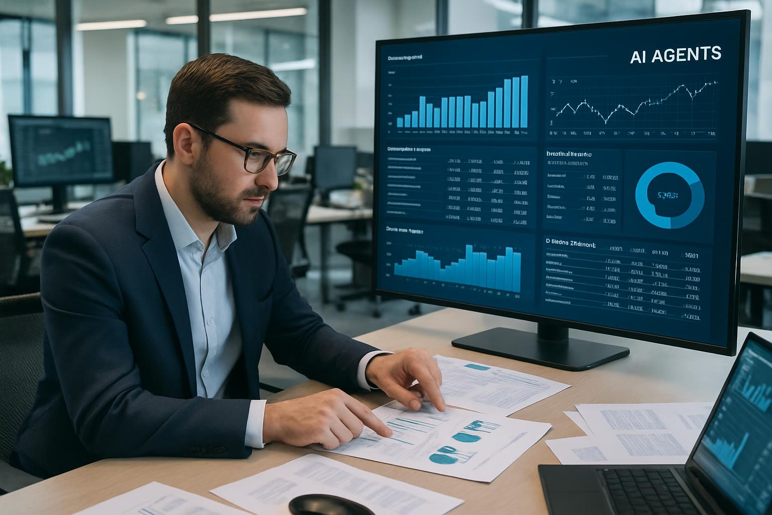 Un analista financiero en una oficina moderna, revisando reportes en una pantalla grande con gráficos y datos obtenidos por A Un analista financiero en una oficina moderna, revisando reportes en una pantalla grande con gráficos y datos obtenidos por A