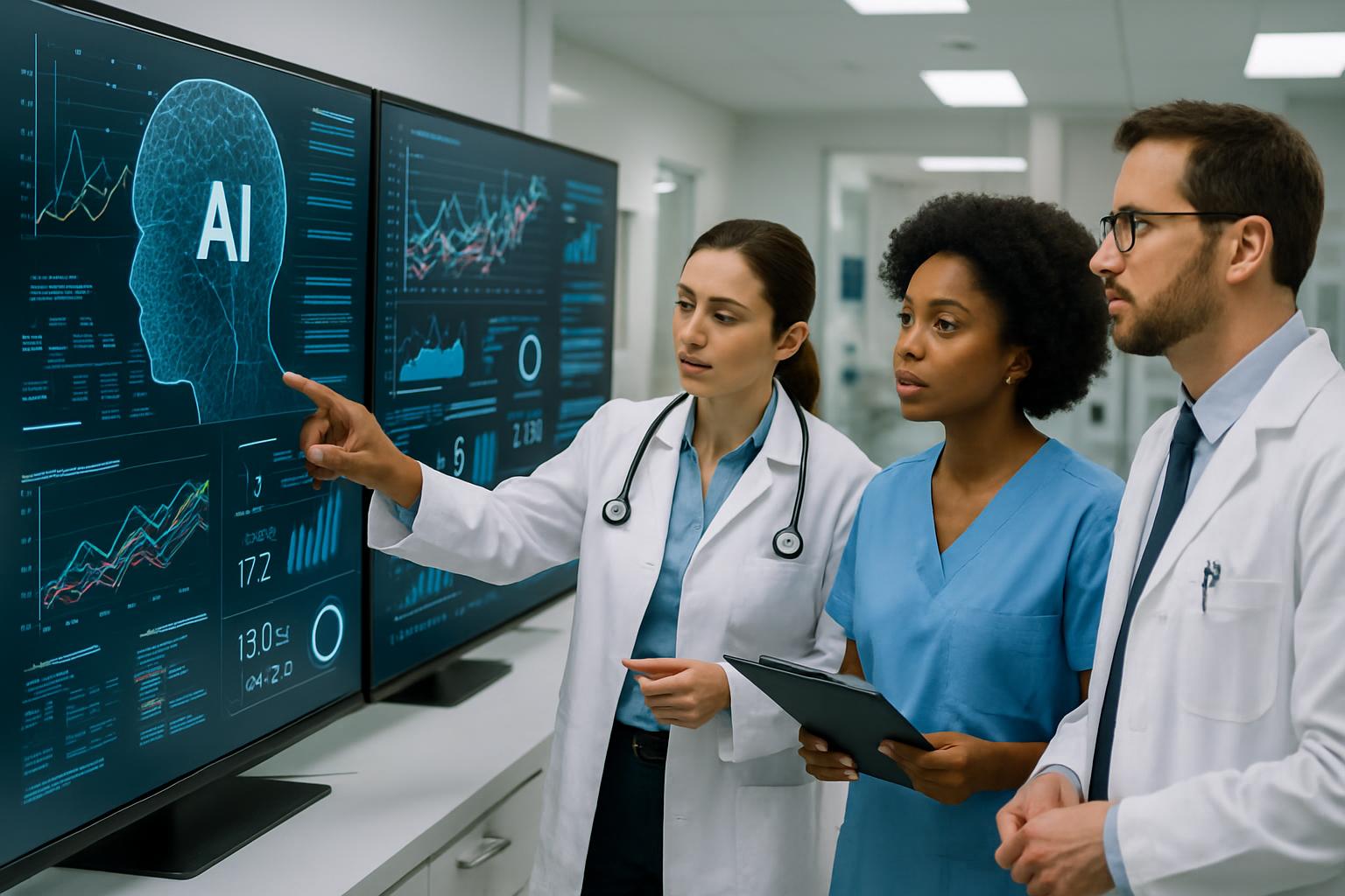 Programa piloto de IA en un hospital, profesionales de la salud revisando paneles de datos, ambiente clínico e innovador.