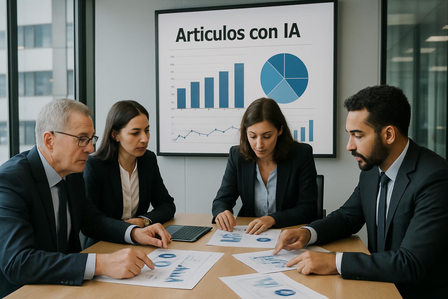 Business team analyzing Artículos con IA results with data charts and graphs in a corporate office, photorealistic
