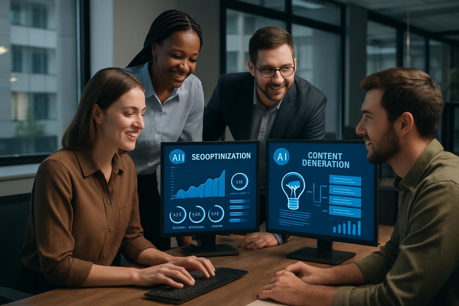 Un equipo de marketing utilizando software de inteligencia artificial en una oficina moderna, con pantallas que muestran gráf Un equipo de marketing utilizando software de inteligencia artificial en una oficina moderna, con pantallas que muestran gráf