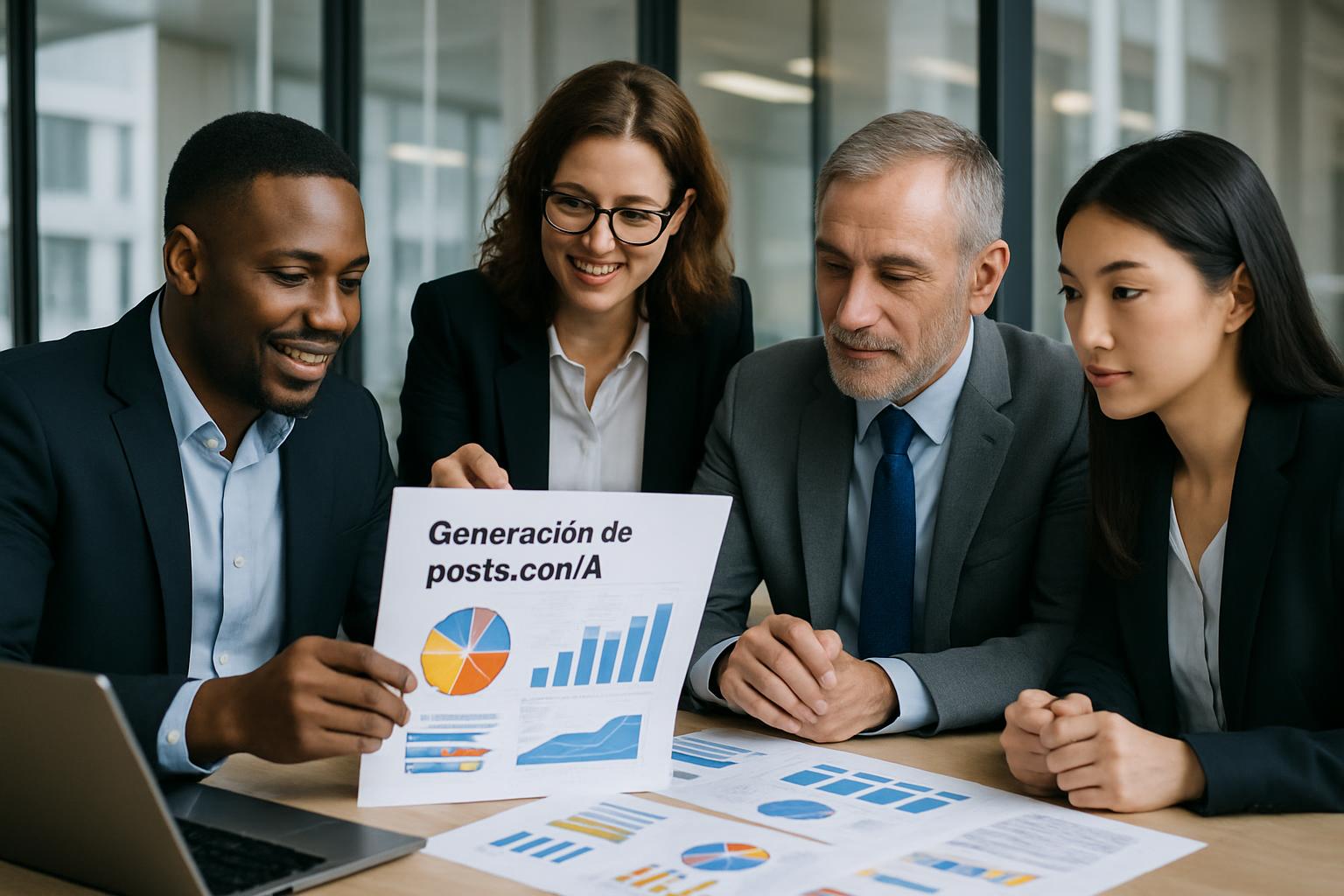 Business team analyzing Generación de posts con IA results with data charts and graphs in a corporate office, photorealistic